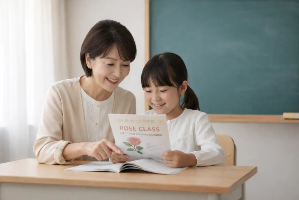 宝塚市の英会話教室REG SchoolのROSEクラスで、祖母と孫が楽しそうに英語を学ぶ様子